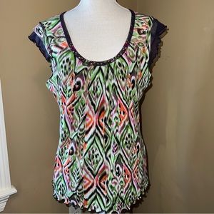 Tribal Multicolor Palm Print Sleeveless Boho Top Womens Size L Beaded